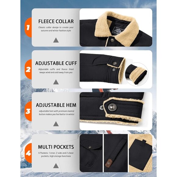 Mens Black AI Winter Sherpa Lined Jacket Warm Trucker Coat Multi Pocket - Picture 6 of 7